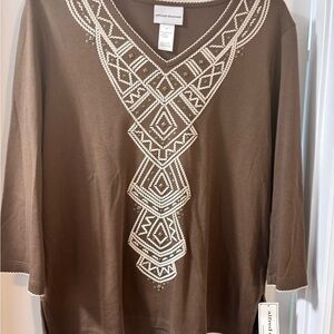 Alfred Dunner Brown Top with White Geometric Design